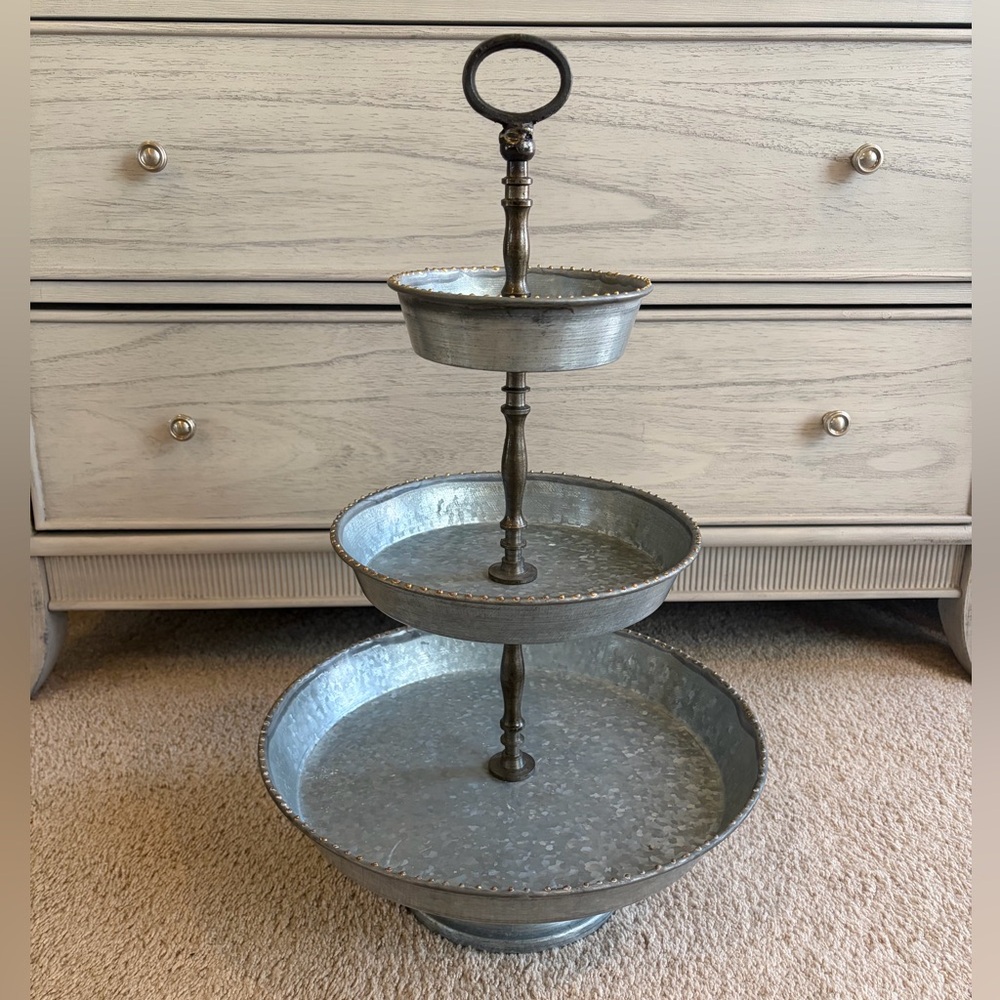 Three Tier Galvanized Metal Serving Tray Stand